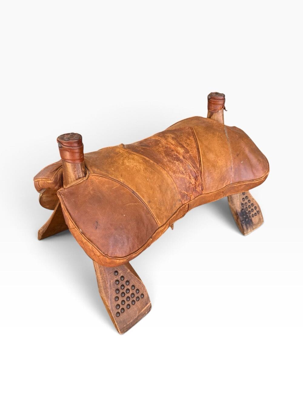 Egyptian Camel Saddle Footstool Wood Leather Cushion Mid Century Collectible VTG